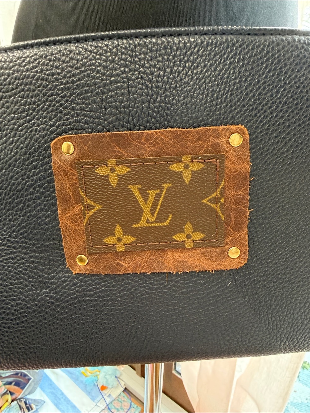 Blue Leather Crossbody Bag with Brown Strap and Louis Vuitton patch - Picture 3 of 6